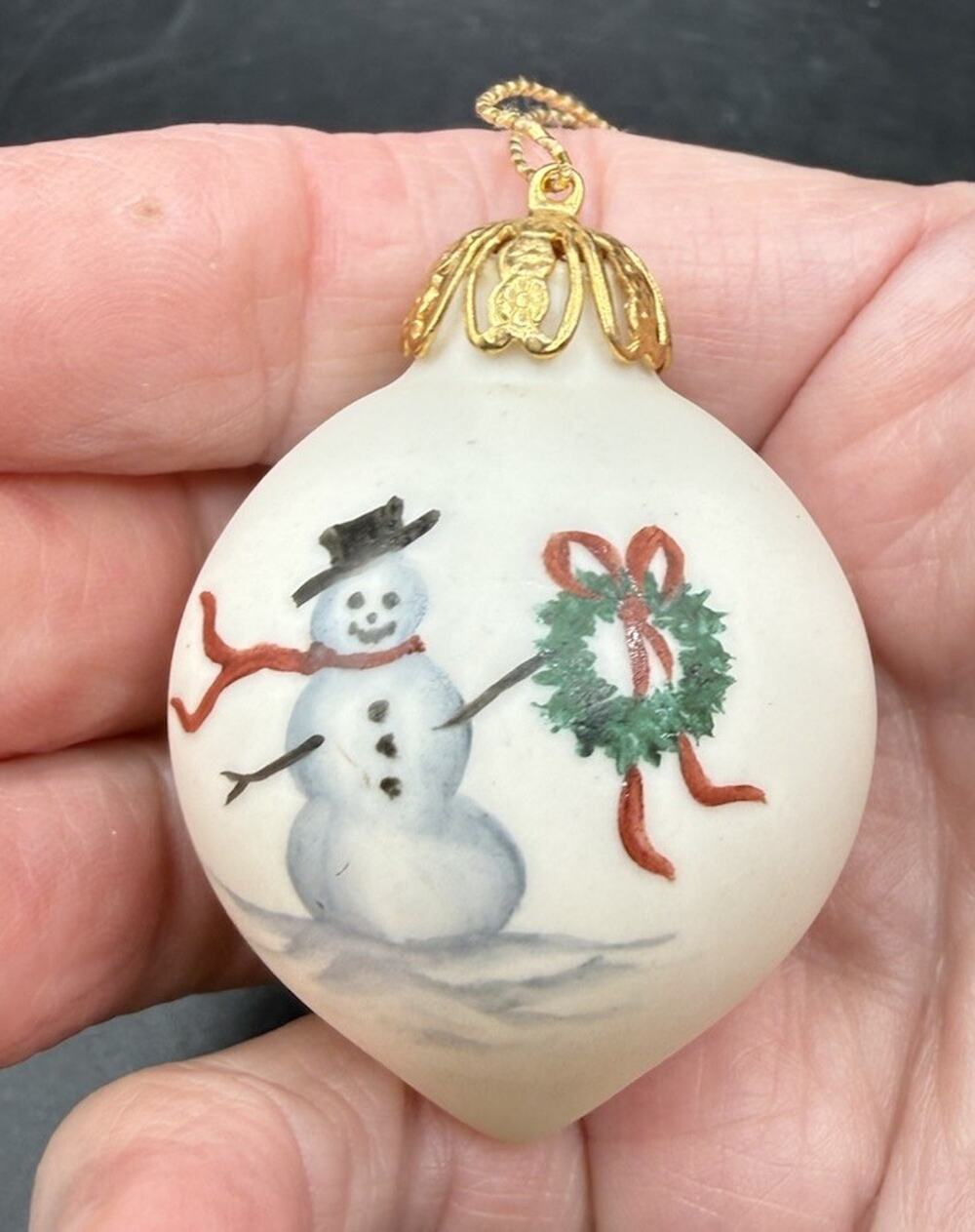 Hand painted Ceramic Snowman Ornament Artist Signed Winter Scene LO31